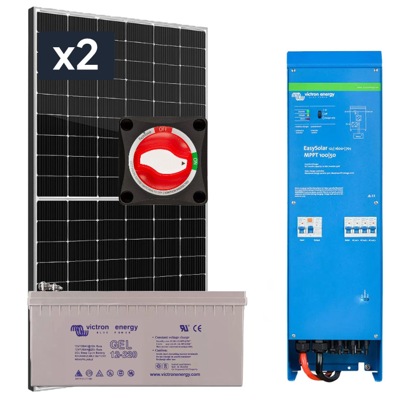 elektrownia sloneczna 870wp hybrydowa z akumulatorem 220ah i przetwornica 1300w