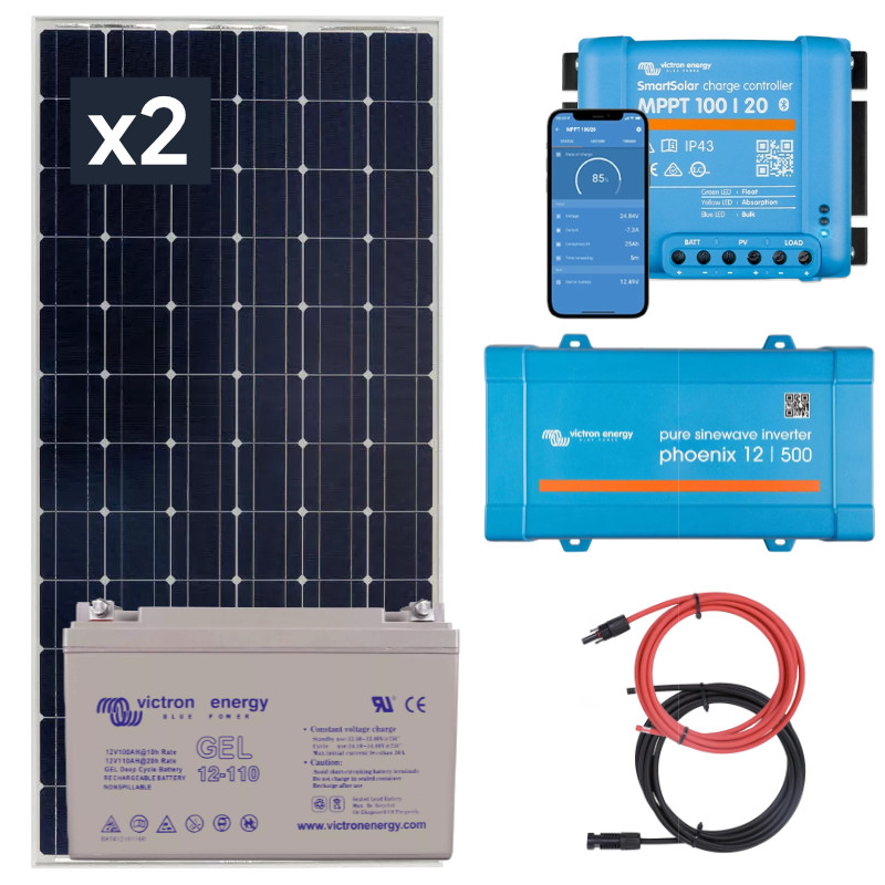 Obrazek produktu Zestaw solarny na łódź 380W z regulatorem MPPT. Akumulator 110Ah. Przetwornica napięcia 230V/500W (SKU: 3093) importowany z CSV (SunTrack)